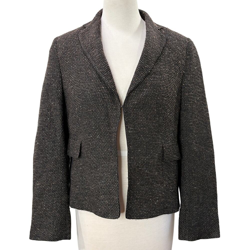 Akris Size 10 Blazer Jacket Wool Silk Blend Zipper Detail Tweed Fall Winter